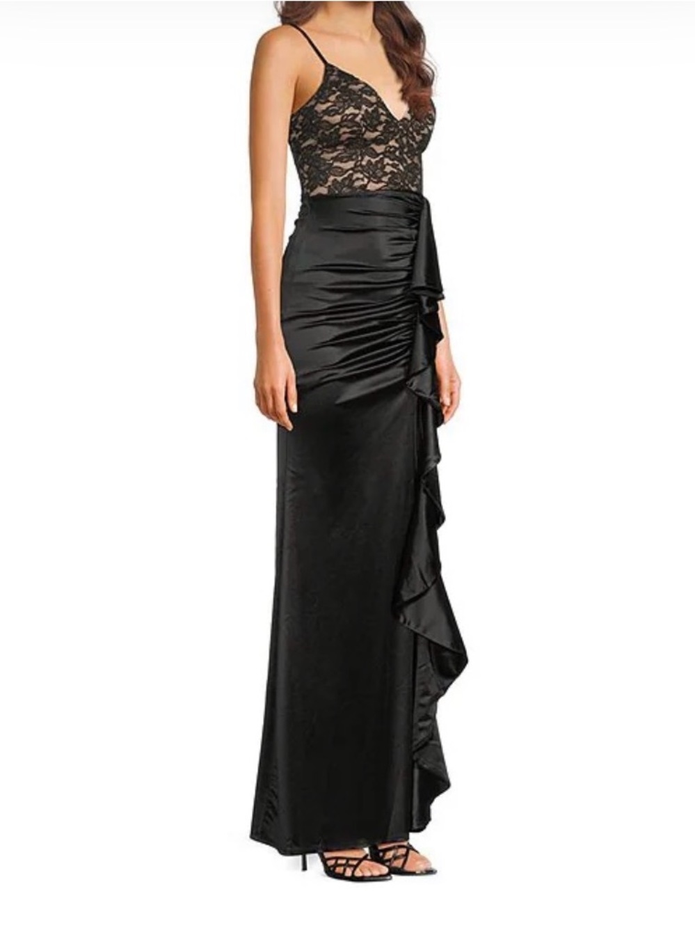 New Emerald Sundae Lace Bodice Side Slit Ruffle Satin Mermaid Gown - Picture 7 of 13
